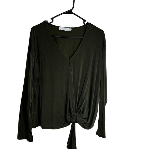 ASTR the Label Knot Front Top Long Sleeve V Neck Olive Green Women's Size Large - Picture 1 of 4